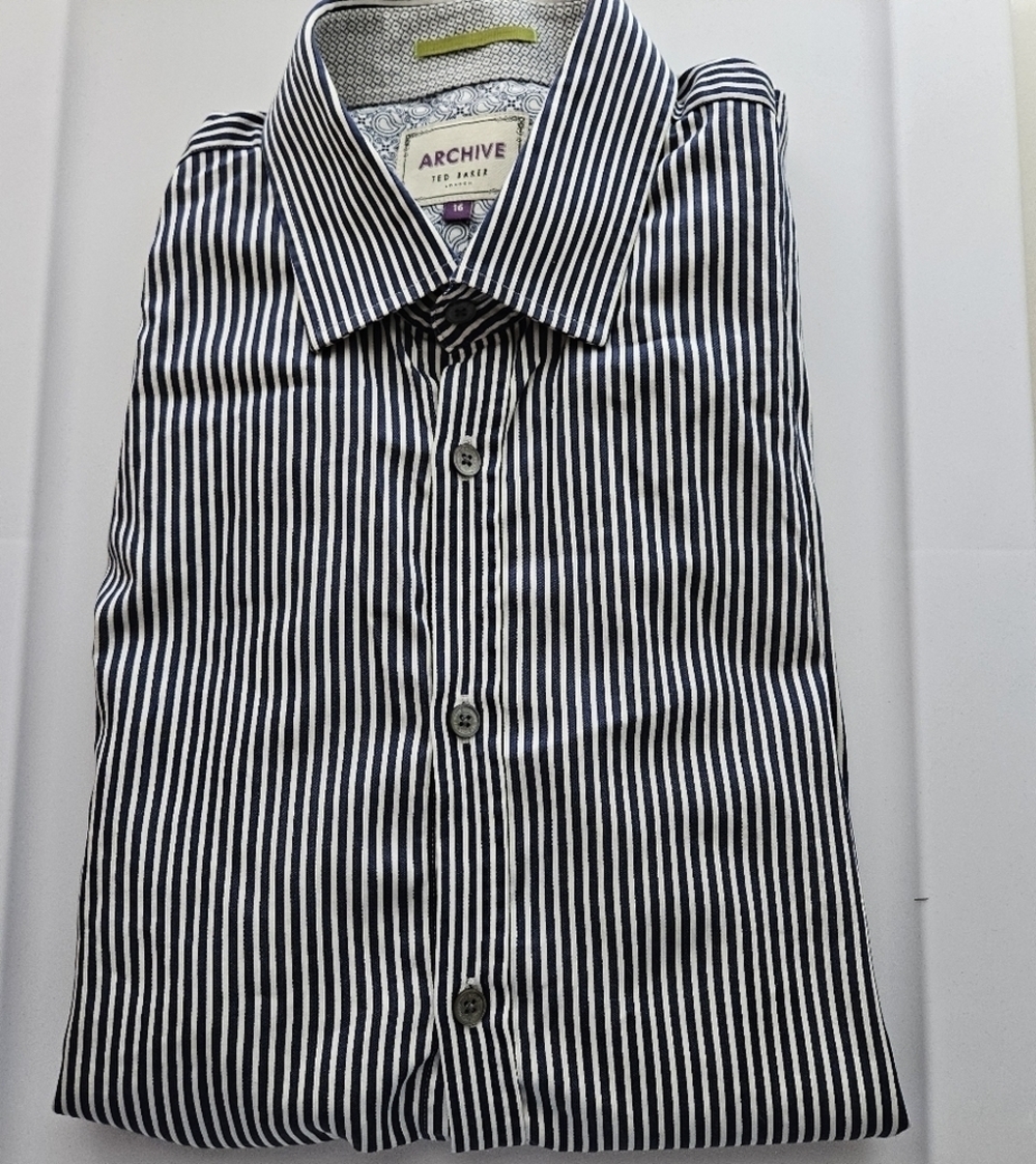 Ted Baker London Archive Men’s Blue White Striped Button Up Shirt 16 French Cuff - Picture 3 of 13